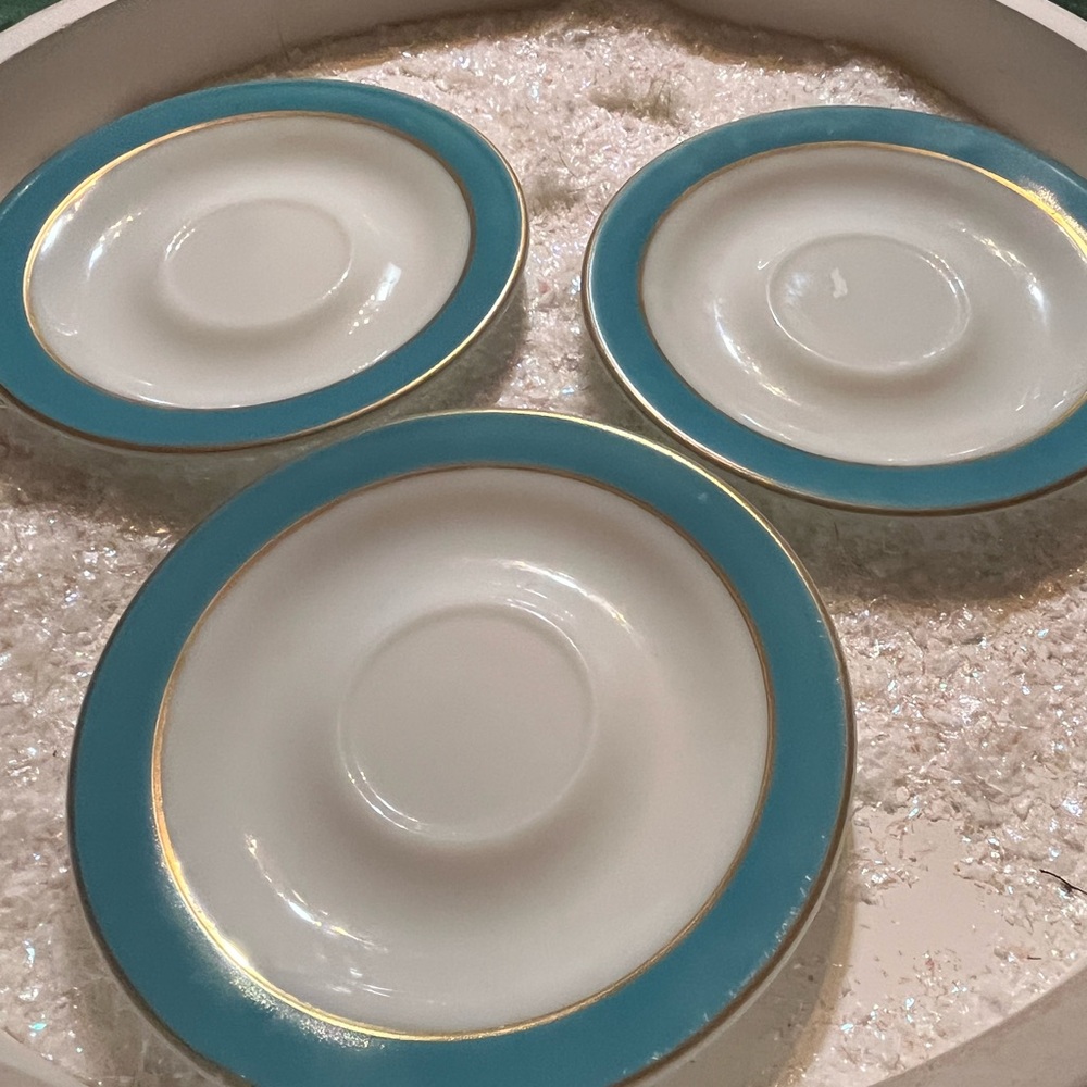 Pyrex Blue and Gold Dinnerware Set with Elegant Rim. Set of Three Saucers VTG